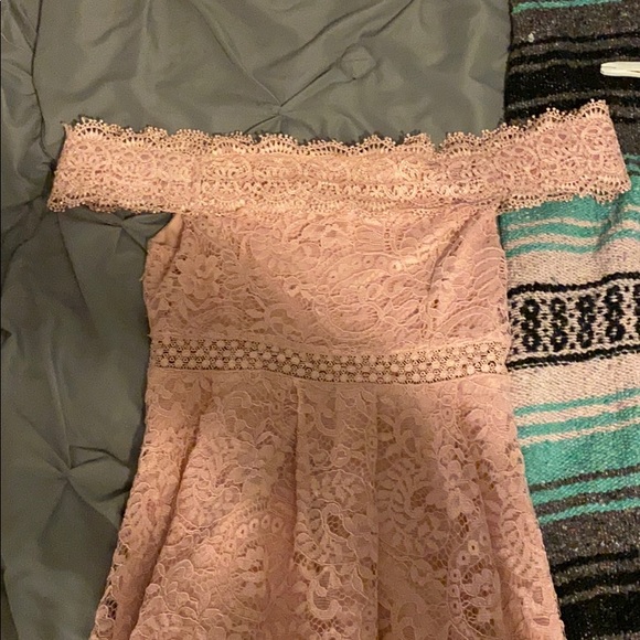 Pink lace off the shoulder formal dress - Picture 3 of 3